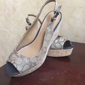 COACH - Khaki & Signature “C”Cork Wedge Sandals